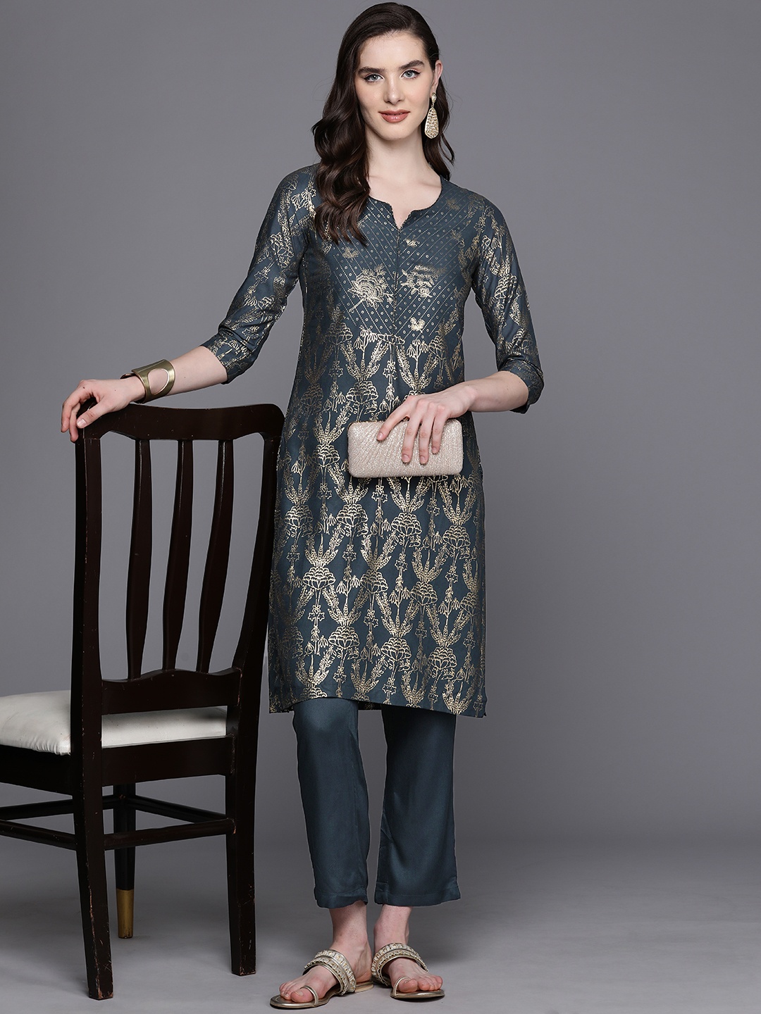 

Biba Ethnic Motifs Print Straight Kurta With Trousers, Teal