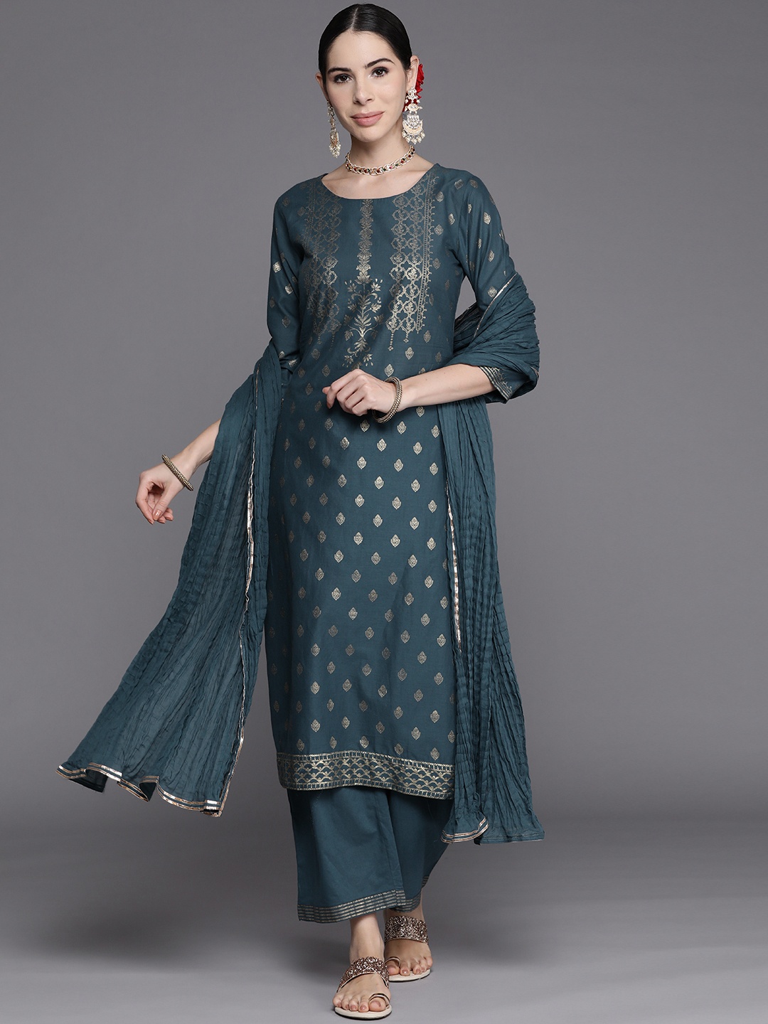 

Biba Women Teal Blue Ethnic Motifs Printed Pure Cotton Kurta with Palazzos & Dupatta