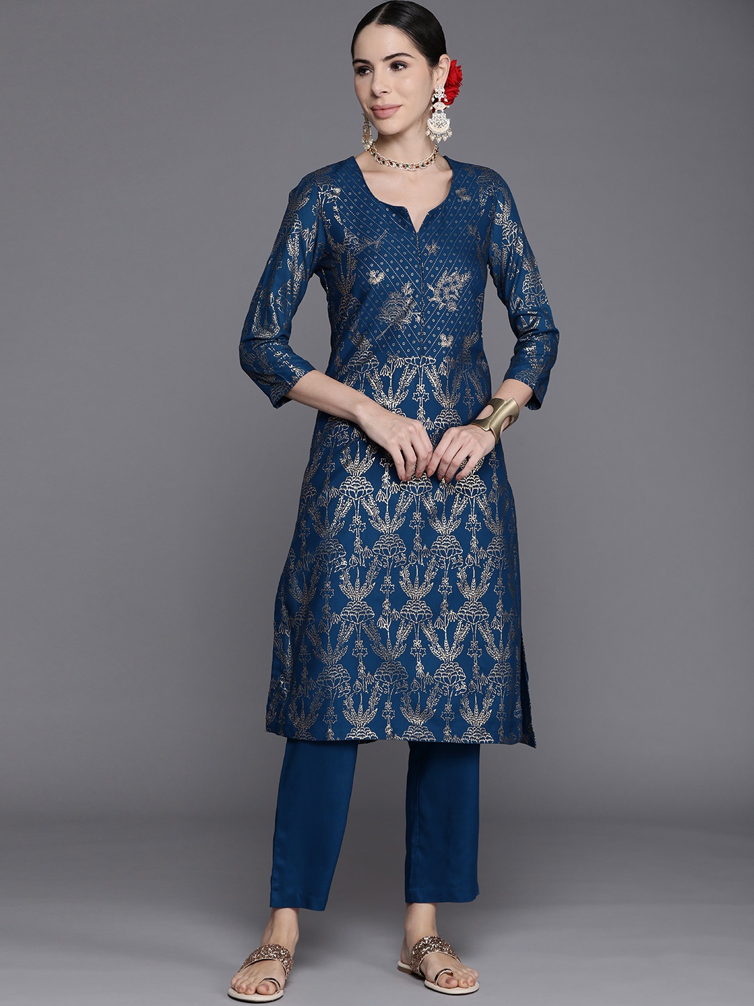 

Biba Women Navy Blue & Golden Ethnic Motifs Printed Kurta with Trousers