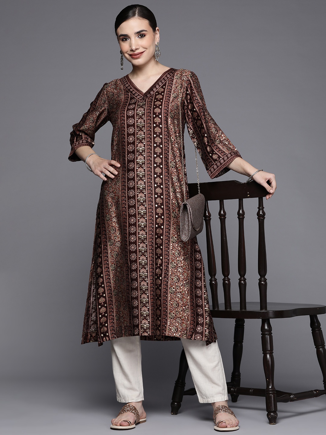 

Biba Women Brown Ethnic Motifs Printed Kurta