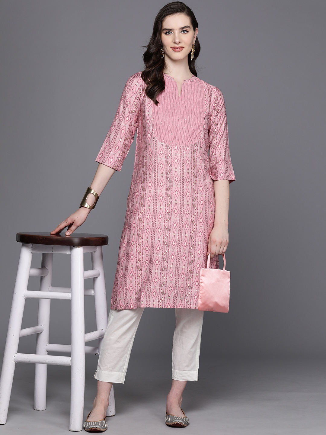 

Biba Abstract Printed Sequinned Detail Straight Kurta, Pink