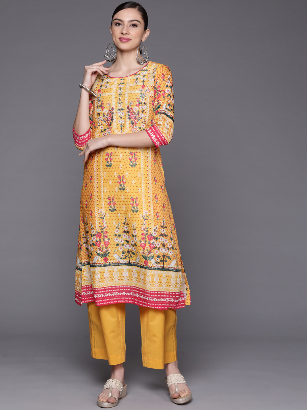 

Biba Women Yellow Ethnic Motifs Printed Pure Cotton Kurta with Palazzos