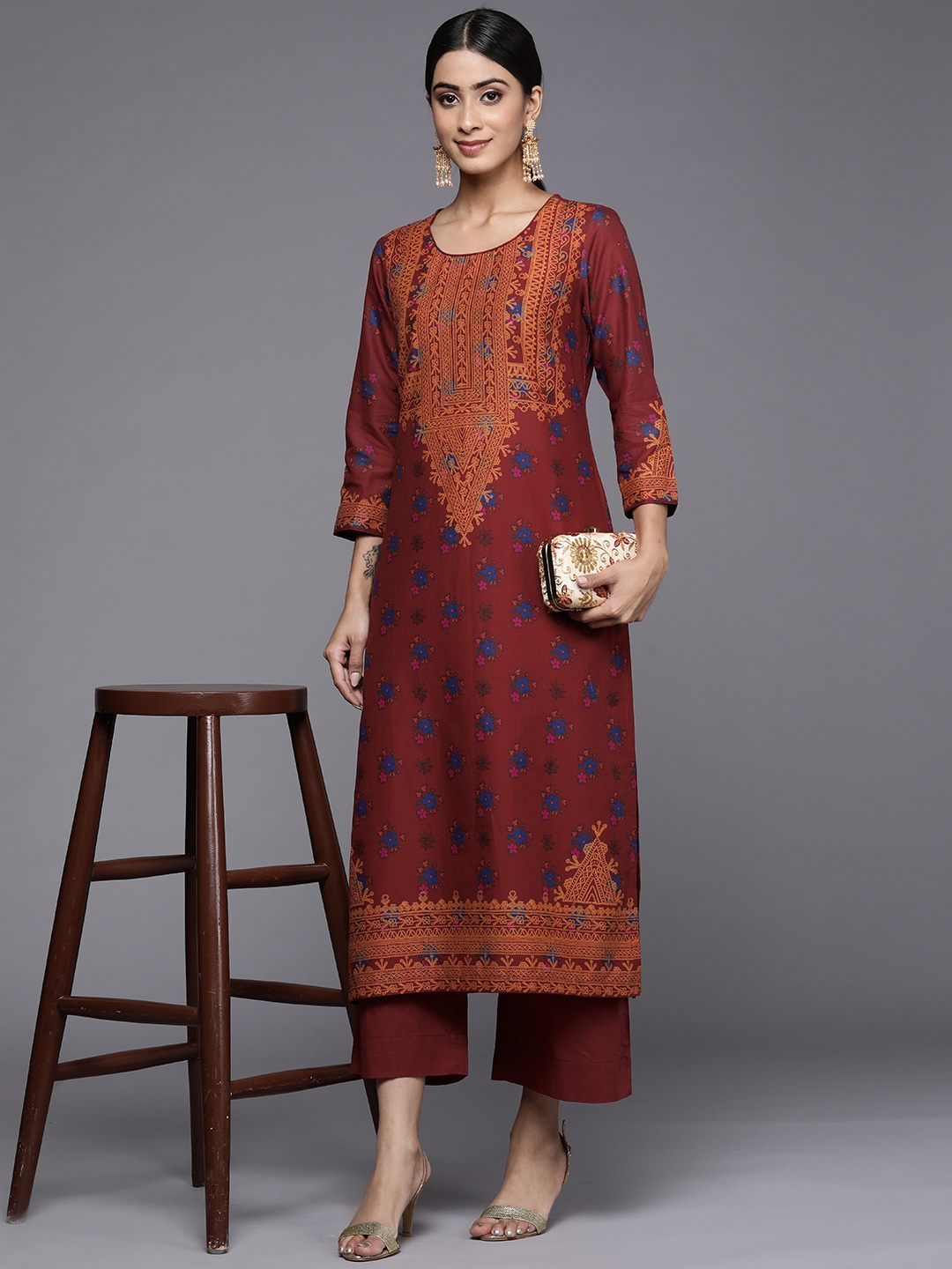 

Biba Women Maroon Ethnic Motifs Printed Pure Cotton Kurti with Palazzos