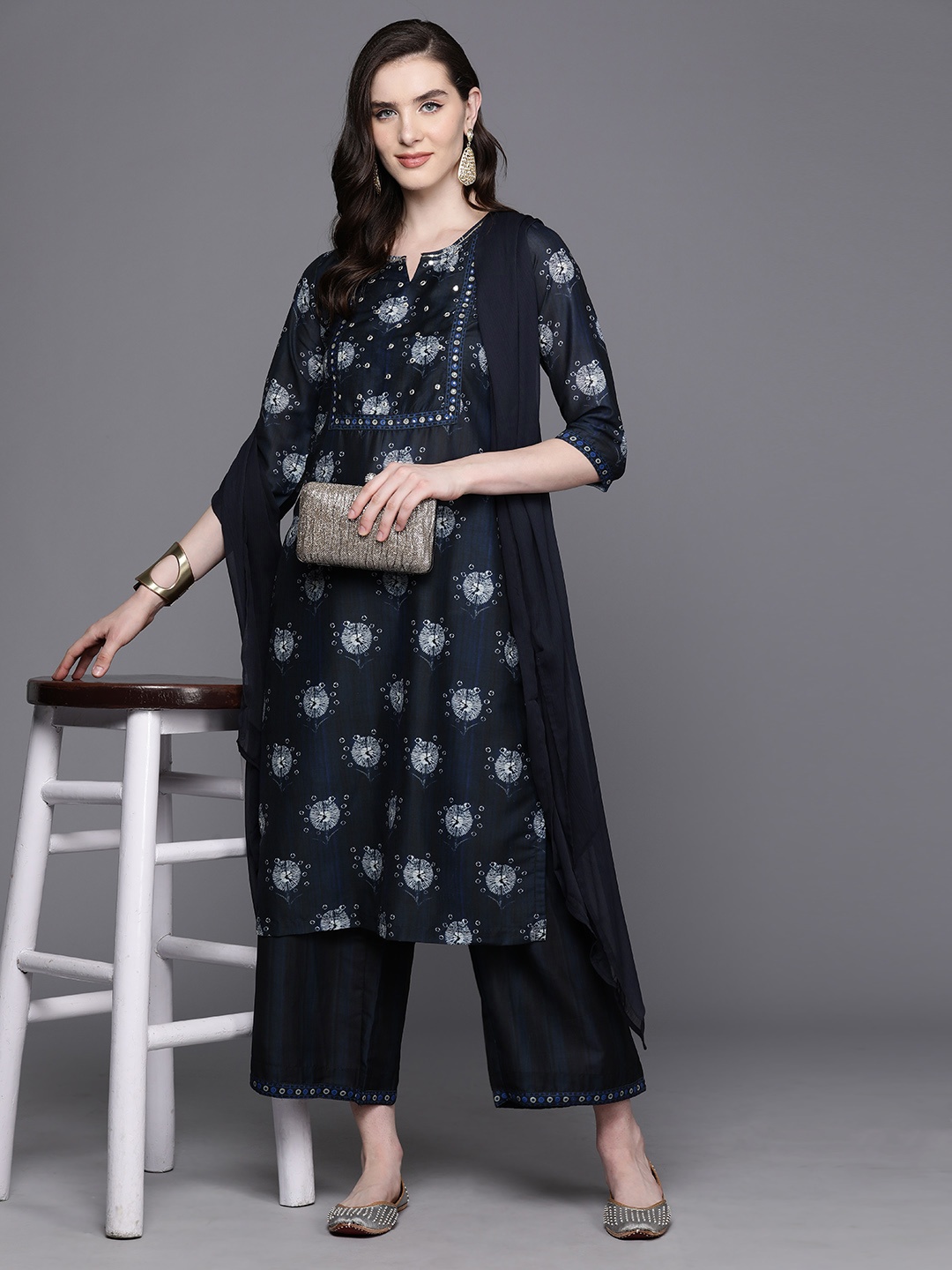 

Biba Printed & Mirror Work Detail Kurta Sets With Dupatta, Navy blue