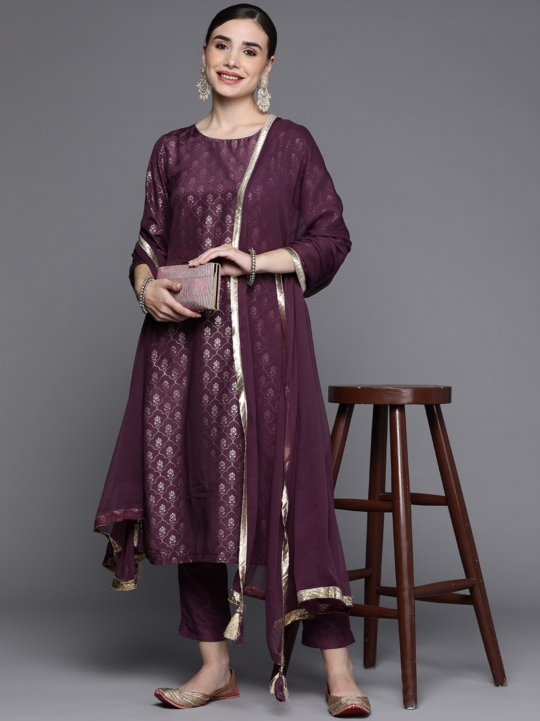 

Biba Women Purple & Golden Ethnic Motifs Printed Kurta with Trousers & With Dupatta