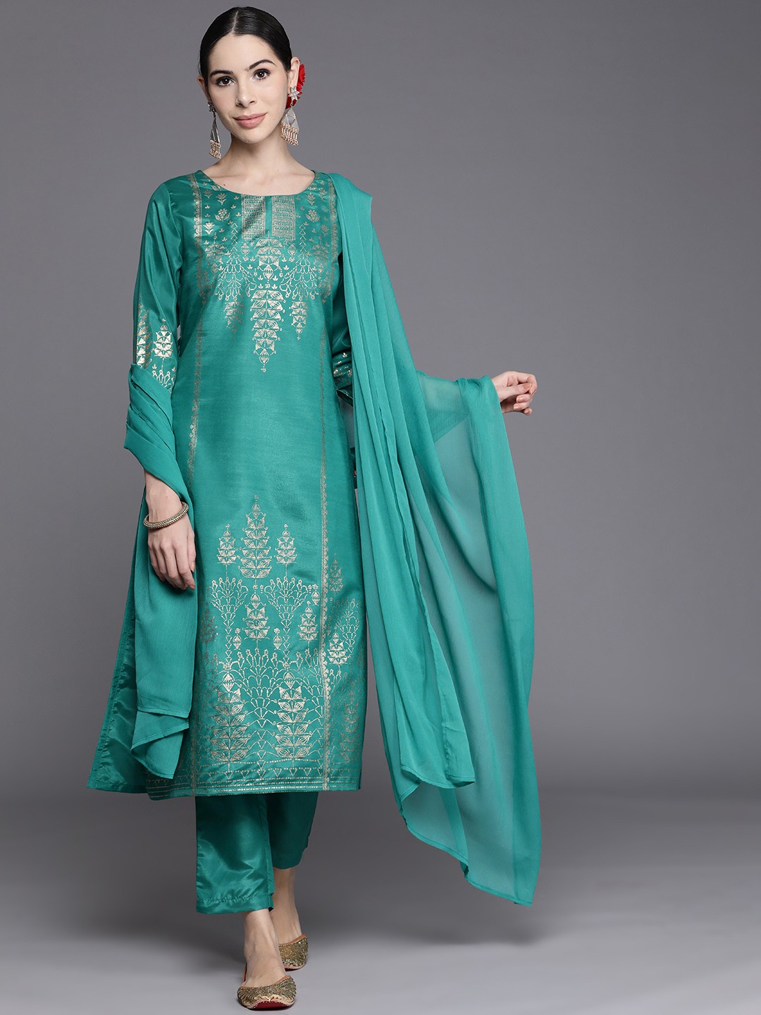 

Biba Women Turquoise Blue & Golden Ethnic Motifs Print Kurta with Trousers & Dupatta