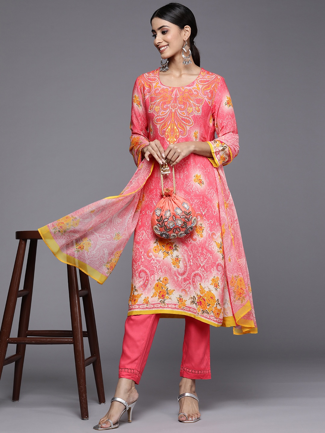 

Biba Women Pink Paisley Printed Kurta with Trousers & With Dupatta