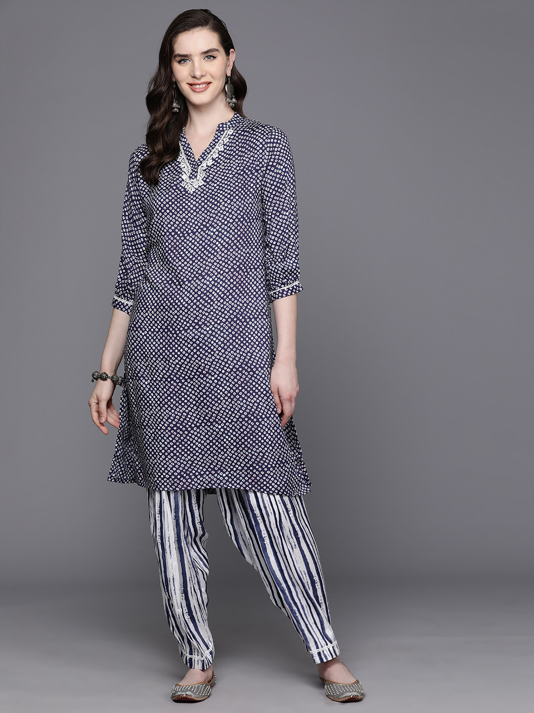 

Biba Printed & Mirror Work Detail Kurta & Salwar Set, Navy blue