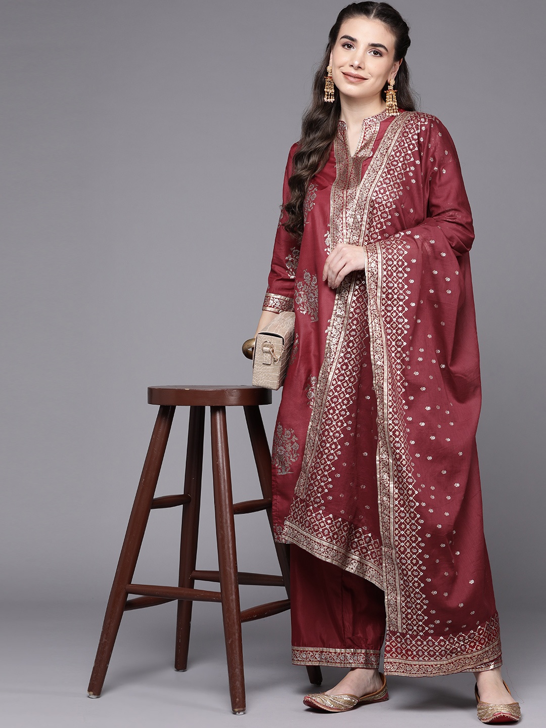 

Biba Women Maroon & Golden Ethnic Motifs Printed Kurta with Palazzos & Dupatta