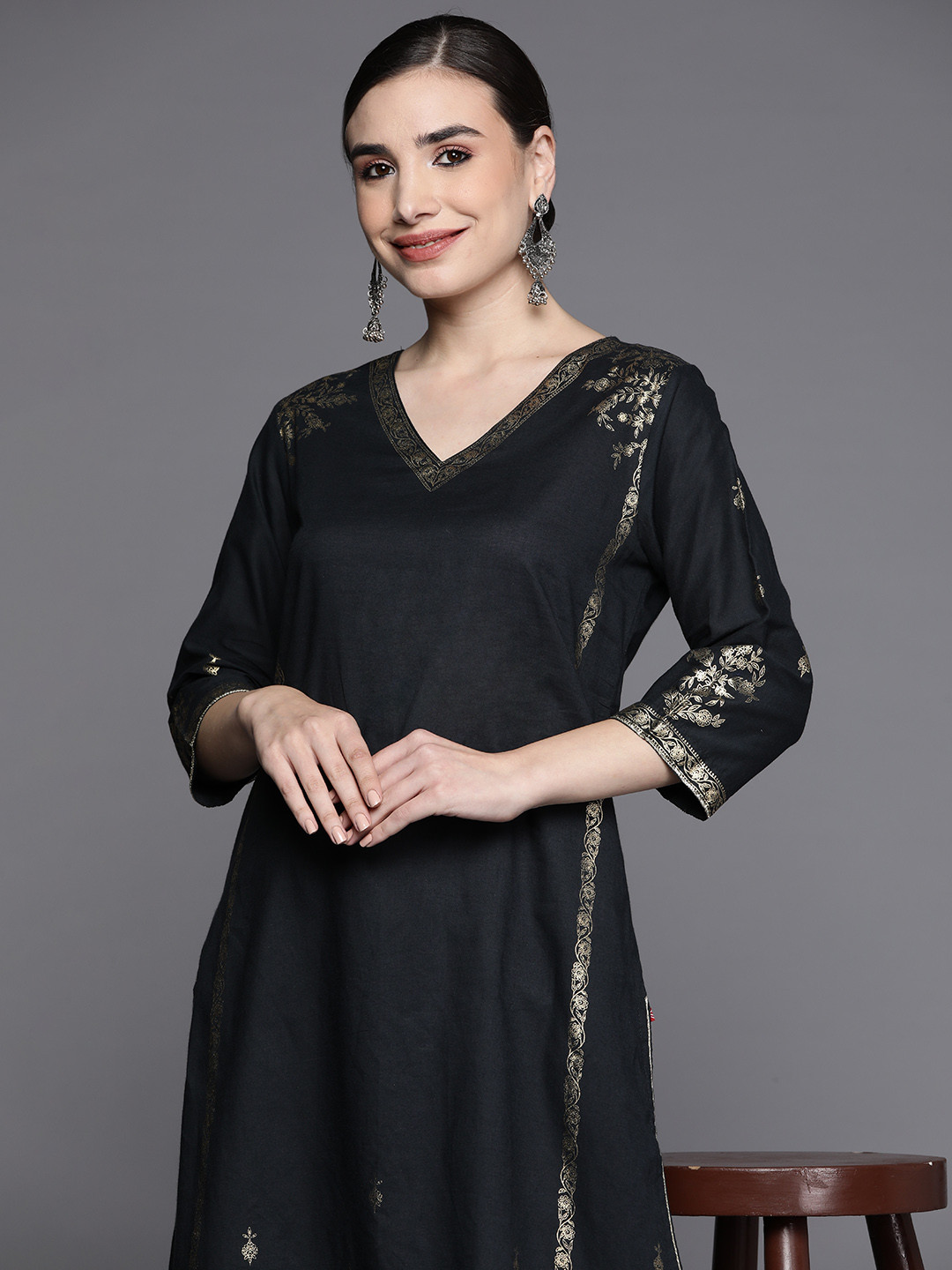 

Biba Women Black & Golden Ethnic Motifs Printed Pure Cotton Kurta with Trousers