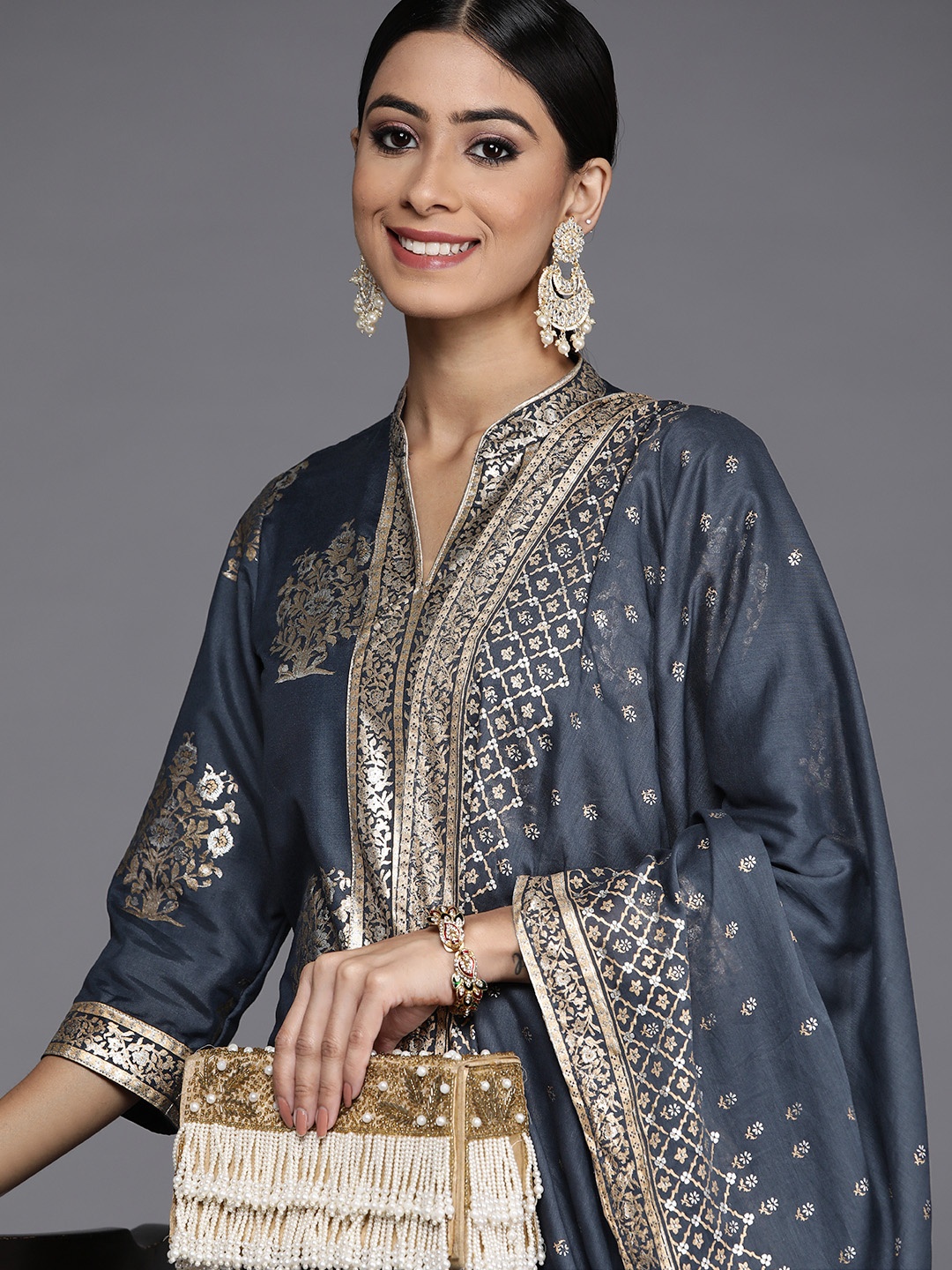 

Biba Women Navy Blue Ethnic Motifs Printed Kurta with Palazzos & With Dupatta
