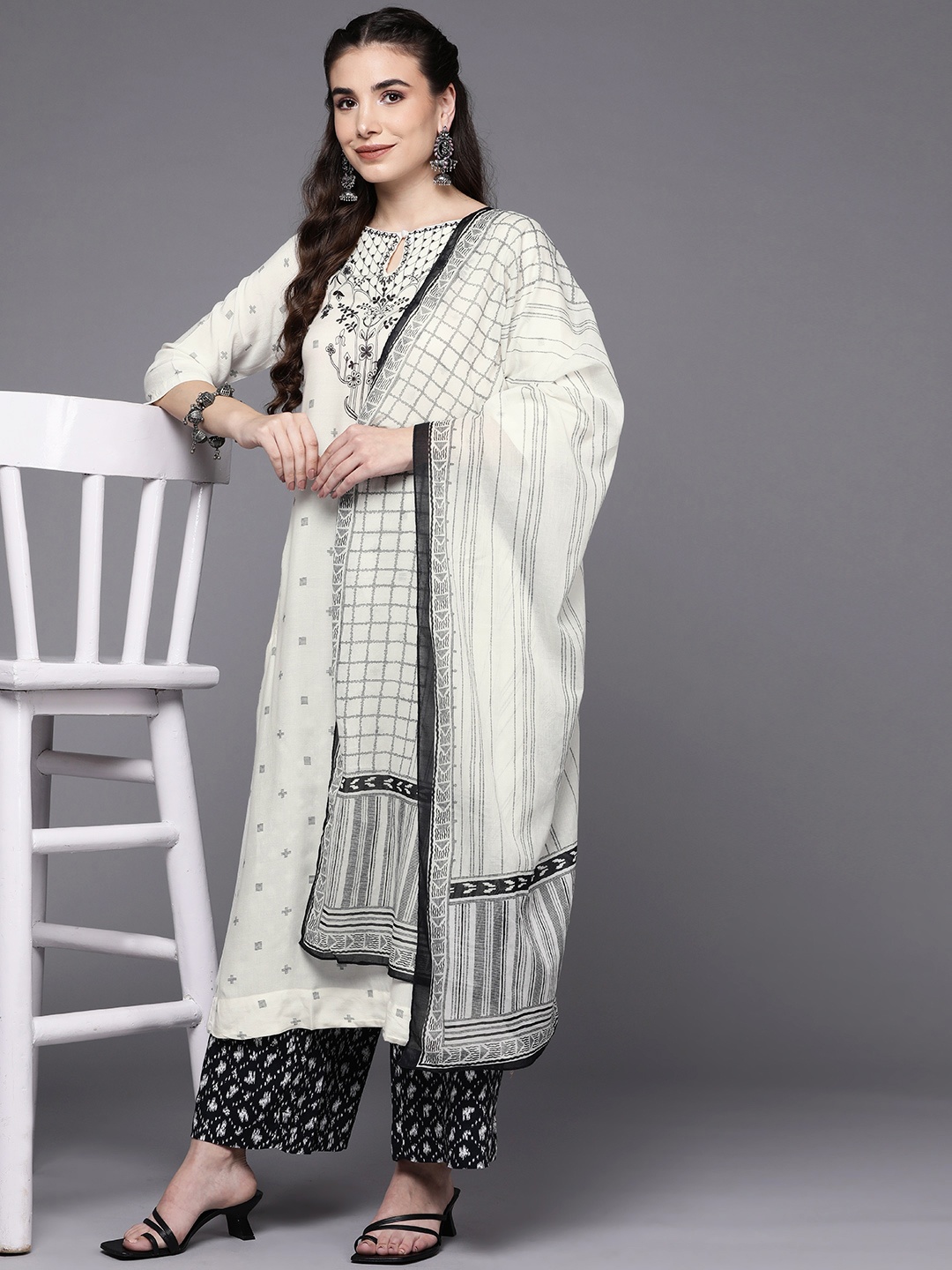 

Biba Women Off White & Black Ethnic Motifs Printed Kurta with Palazzos & Dupatta