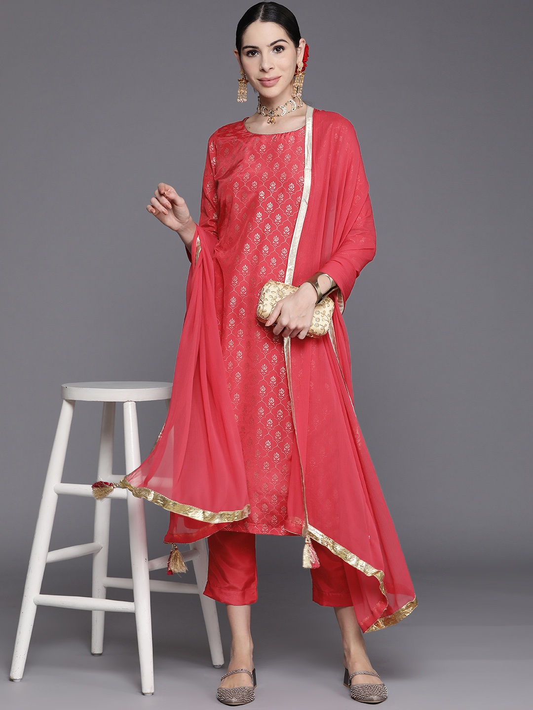 

Biba Women Fuchsia Pink & Golden Ethnic Motifs Print Cotton Kurta with Trousers & Dupatta