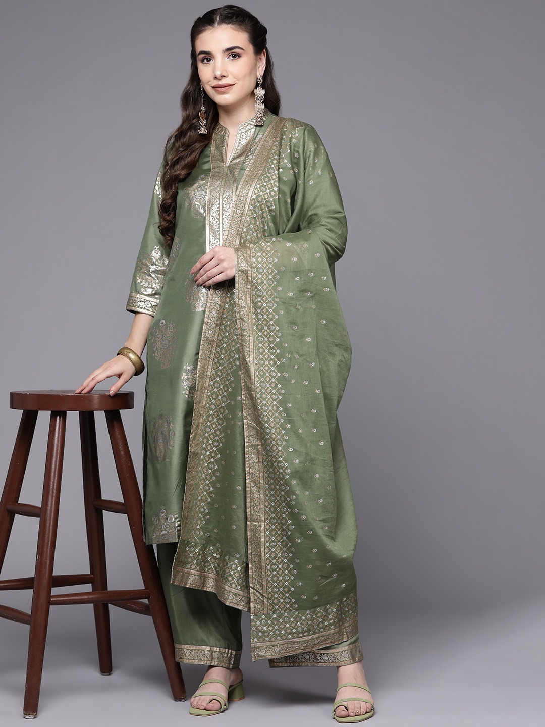

Biba Women Olive Green & Golden Ethnic Motifs Printed Kurta with Palazzos & Dupatta