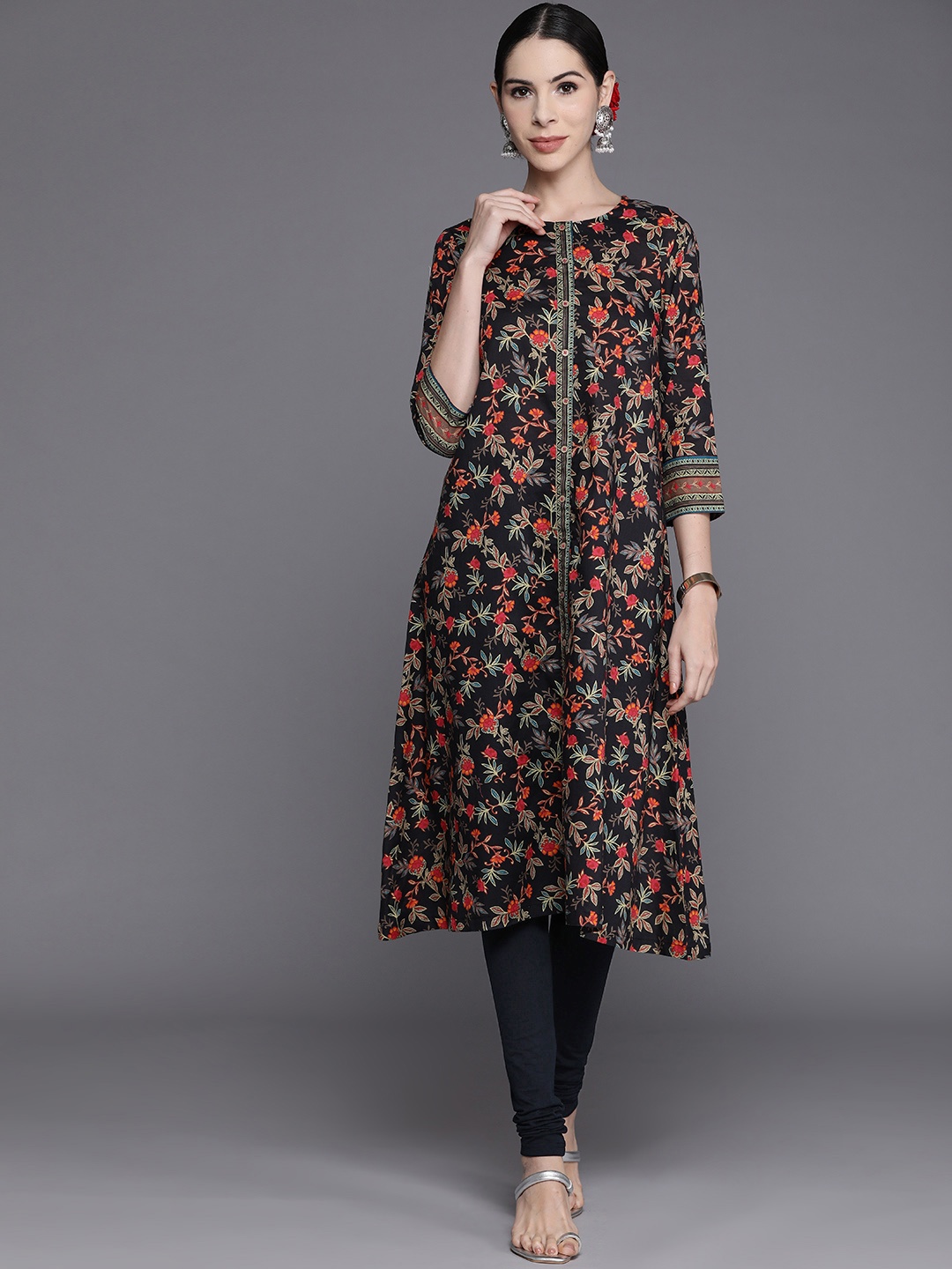 

Biba Women Black & Orange Floral Print Kurta & Leggings