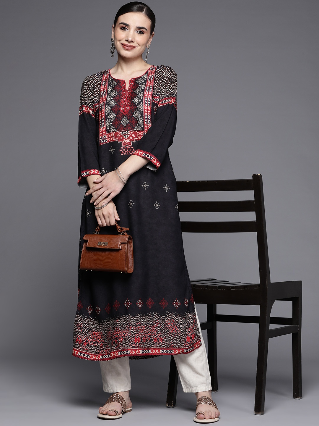 

Biba Women Black & Red Ethnic Motifs Printed Kurta