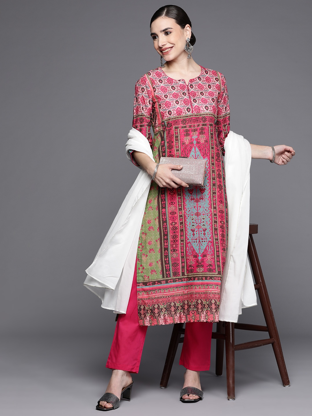 

Biba Women Pink & Green Ethnic Printed Pure Cotton Kurta with Trousers & With Dupatta