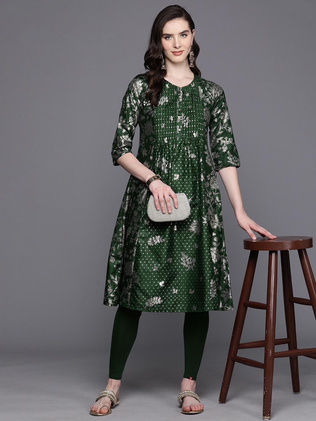 

Biba Floral Print Pleated Kurta with Leggings, Green