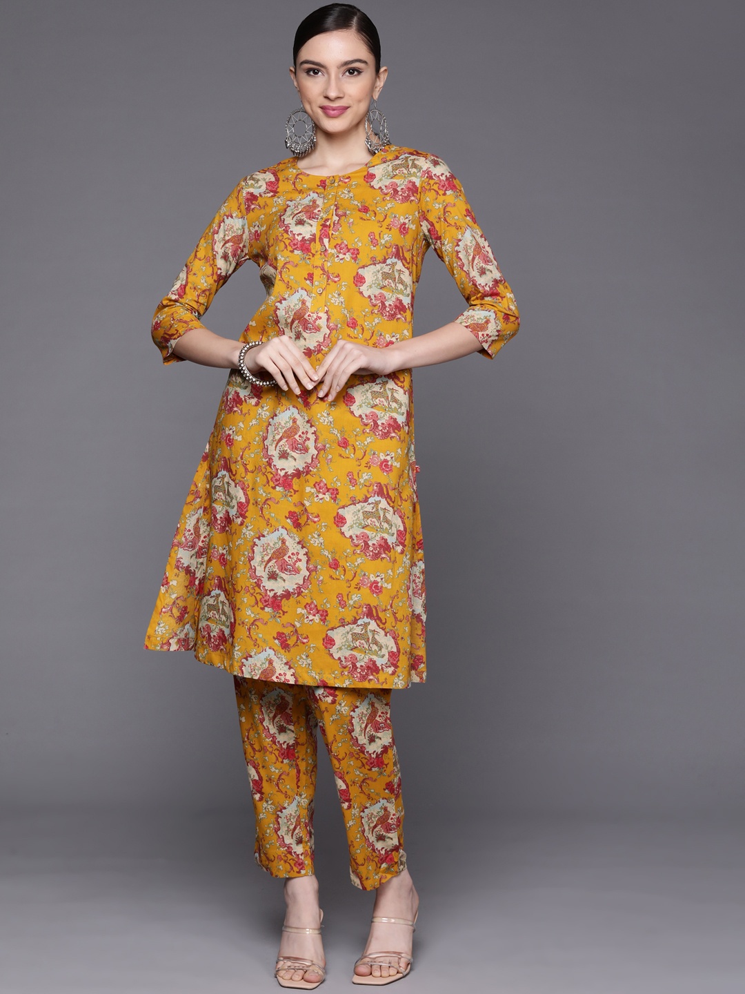 

Biba Women Mustard Yellow Floral Printed Pure Cotton Kurta with Trousers