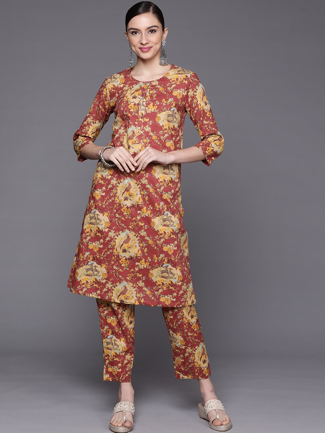 

Biba Women Rust Ethnic Motifs Printed Pure Cotton Kurta with Trousers