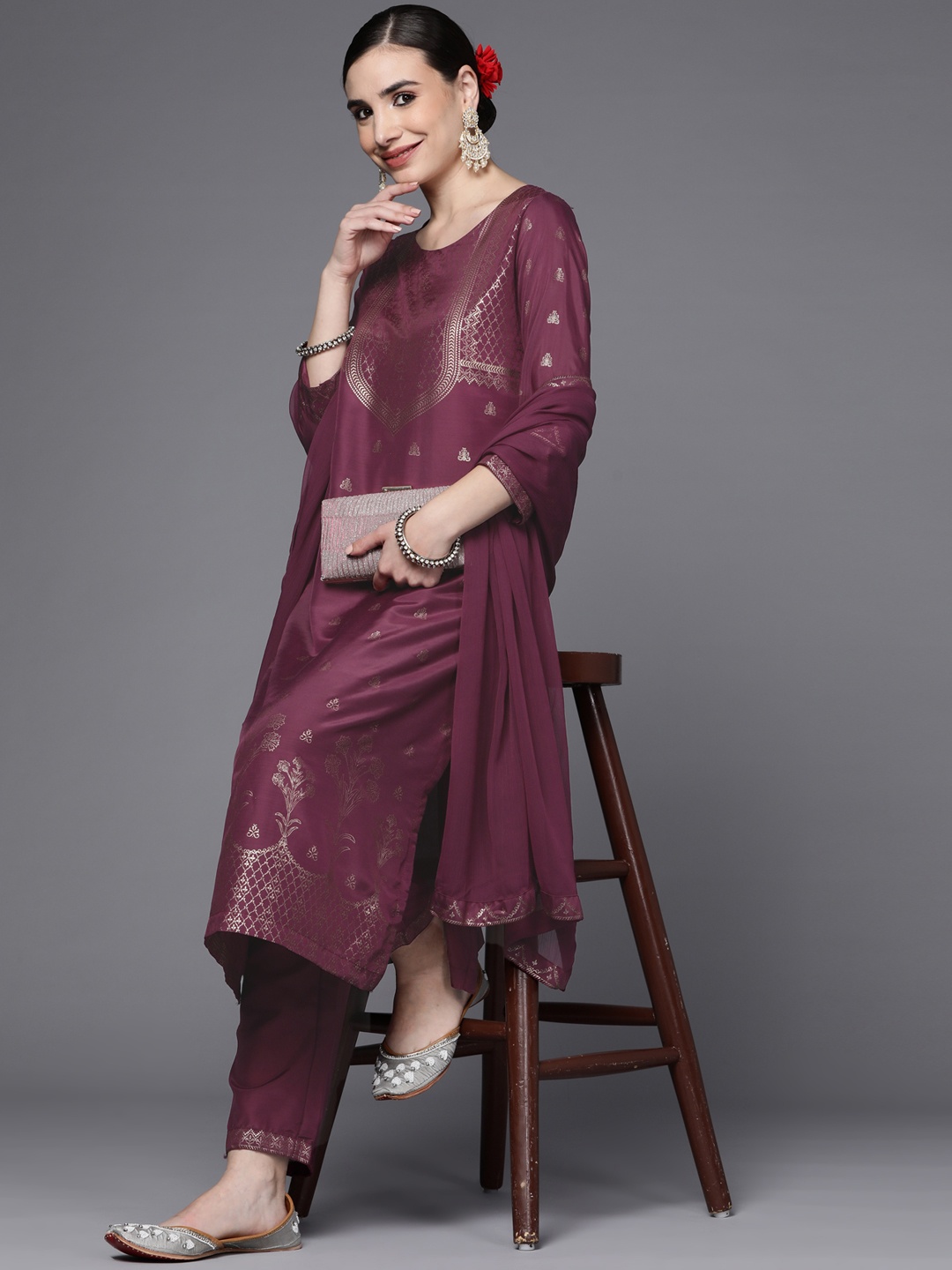

Biba Women Burgundy & Golden Ethnic Motifs Printed Kurta with Trousers & With Dupatta