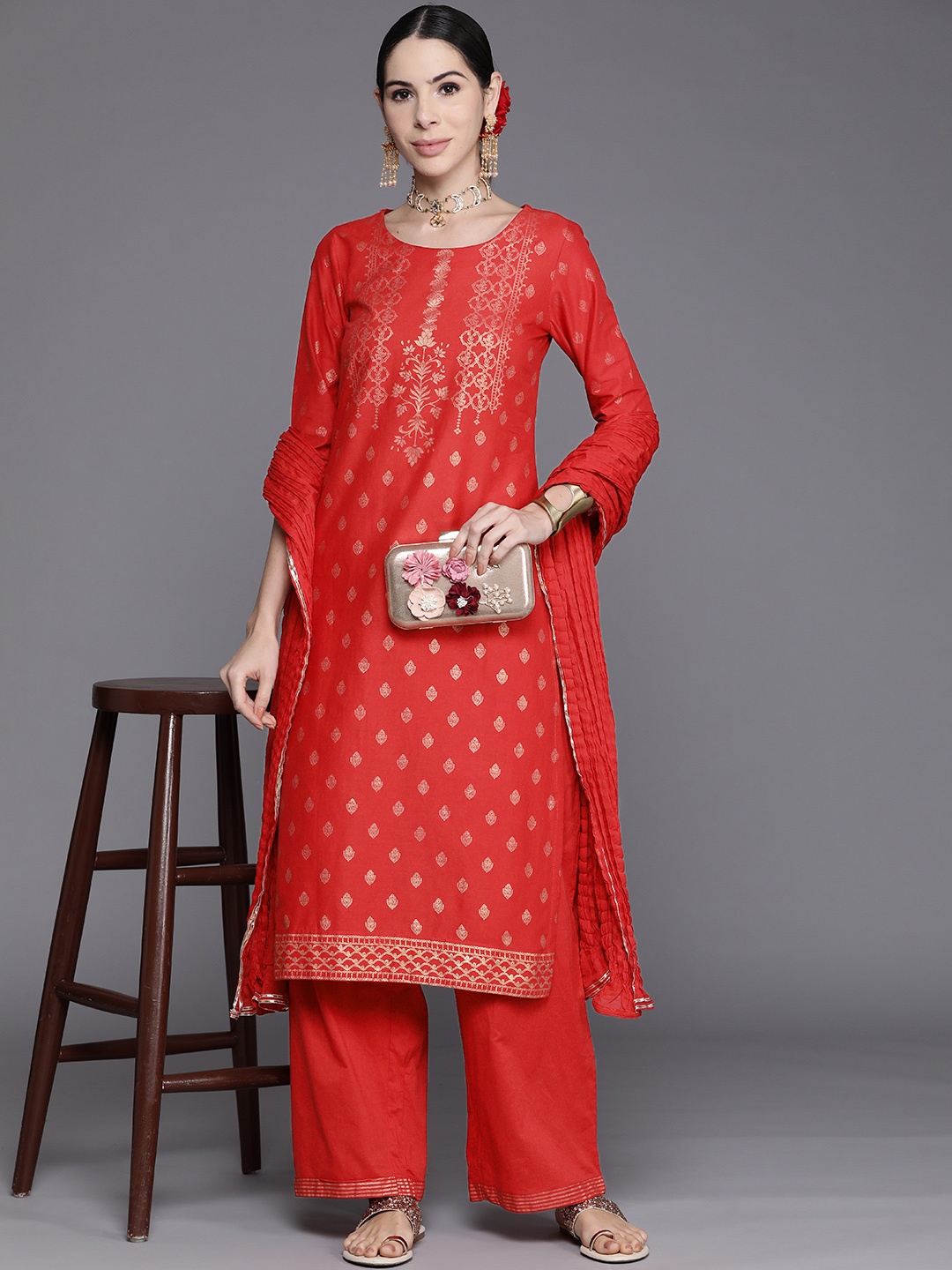 

Biba Women Red & Golden Ethnic Motifs Printed Cotton Kurta with Palazzos & Dupatta