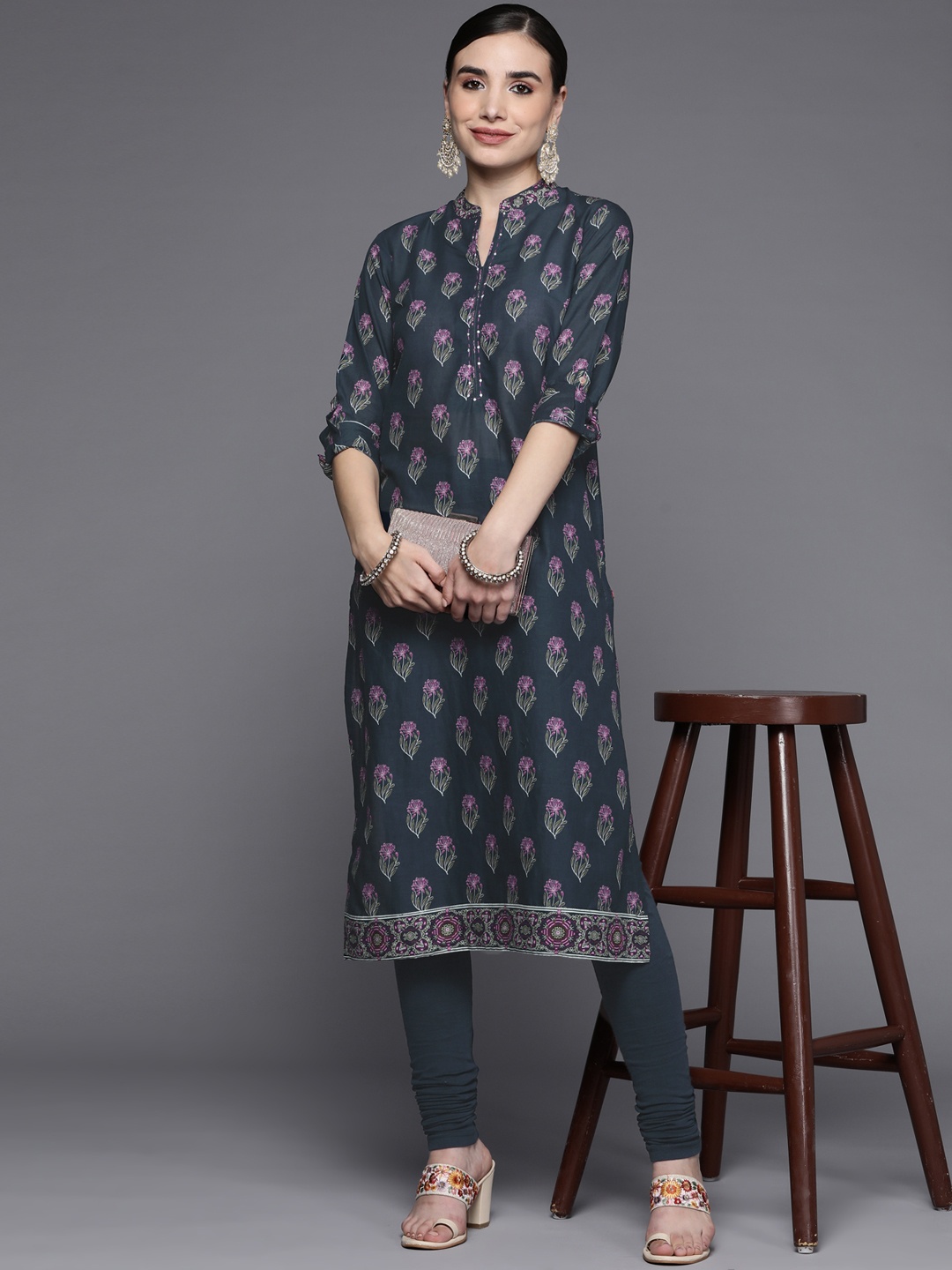 

Biba Women Navy Blue & Pink Ethnic Motifs Printed Pure Cotton Kurta