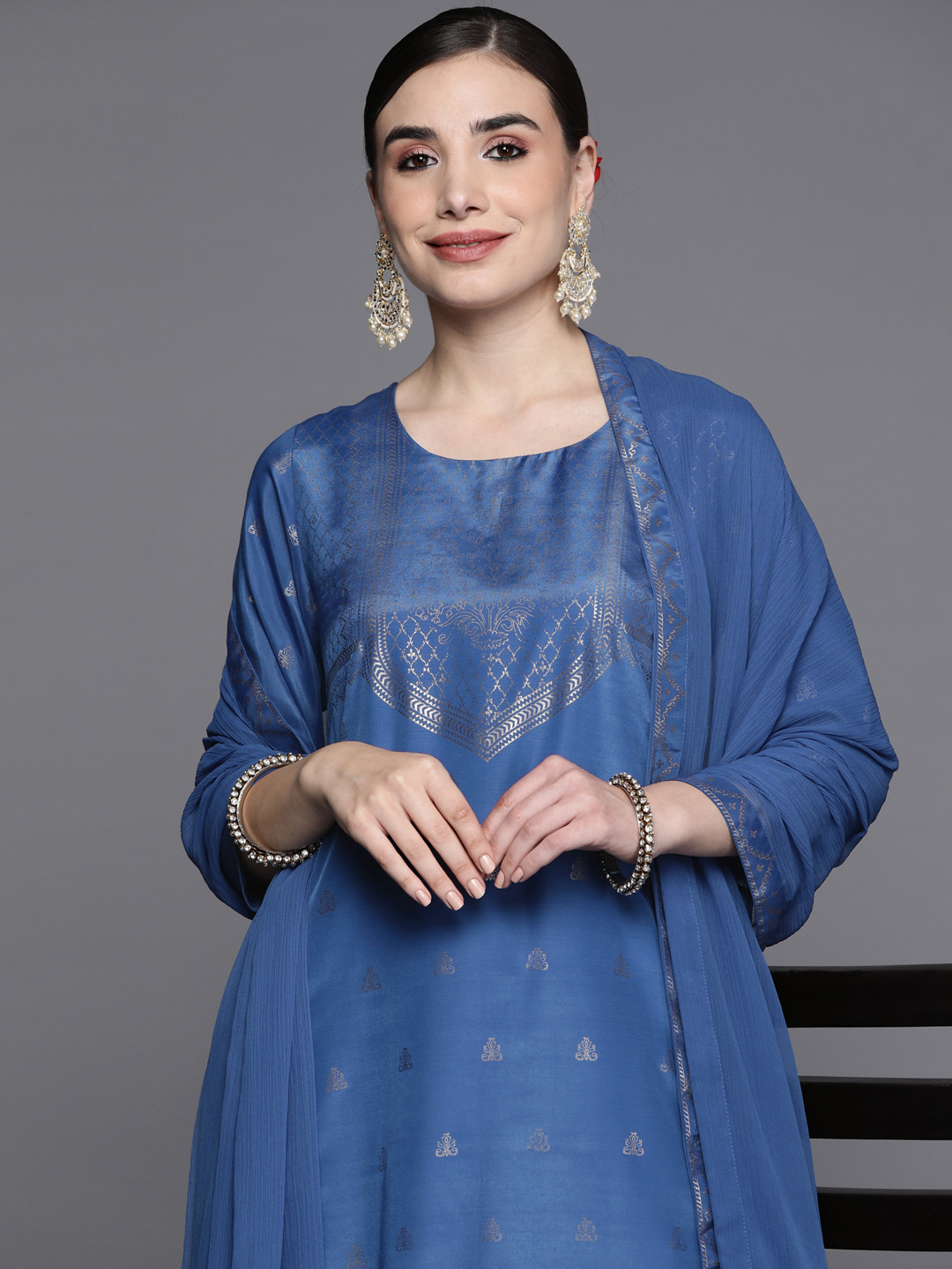 

Biba Women Blue & Golden Ethnic Motifs Printed Kurta with Trousers & With Dupatta