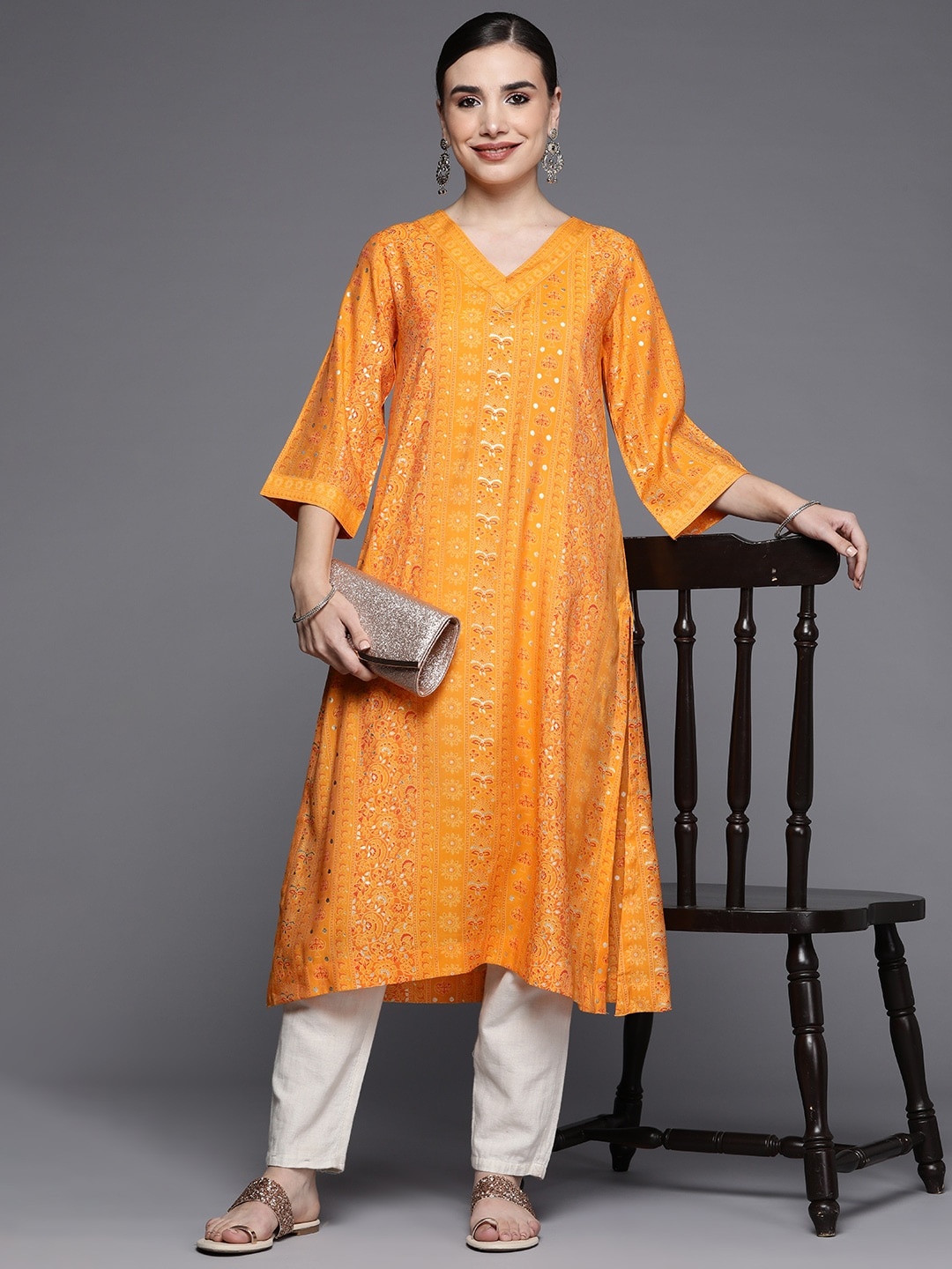 

Biba Women Mustard Yellow & White Ethnic Motifs Printed Kurta