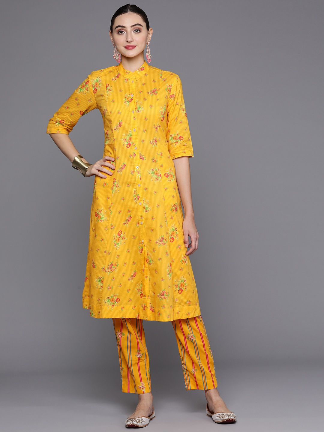 

Biba Women Floral Printed Pure Cotton Kurta with Trousers, Yellow