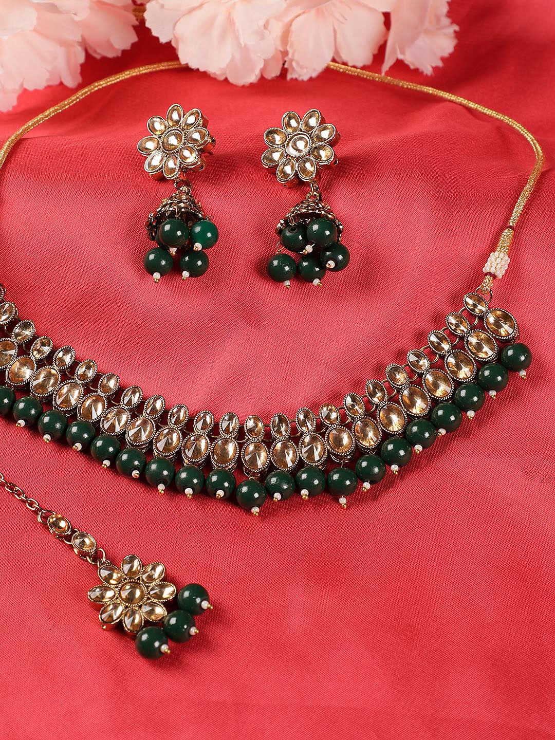 

Jazz and Sizzle Gold-Plated Green Kundan Beaded Choker Jewellery Set