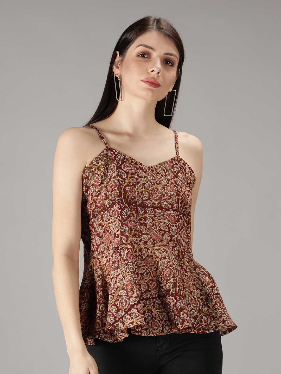 

Sajke Maroon And Brown Floral Print Peplum Top