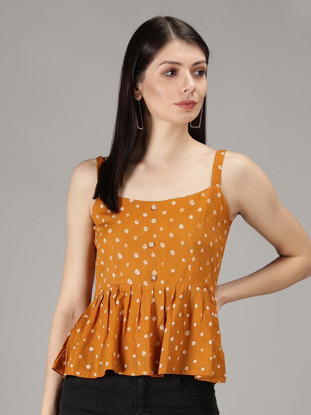 

Sajke Mustard Yellow Geometric Print Peplum Top
