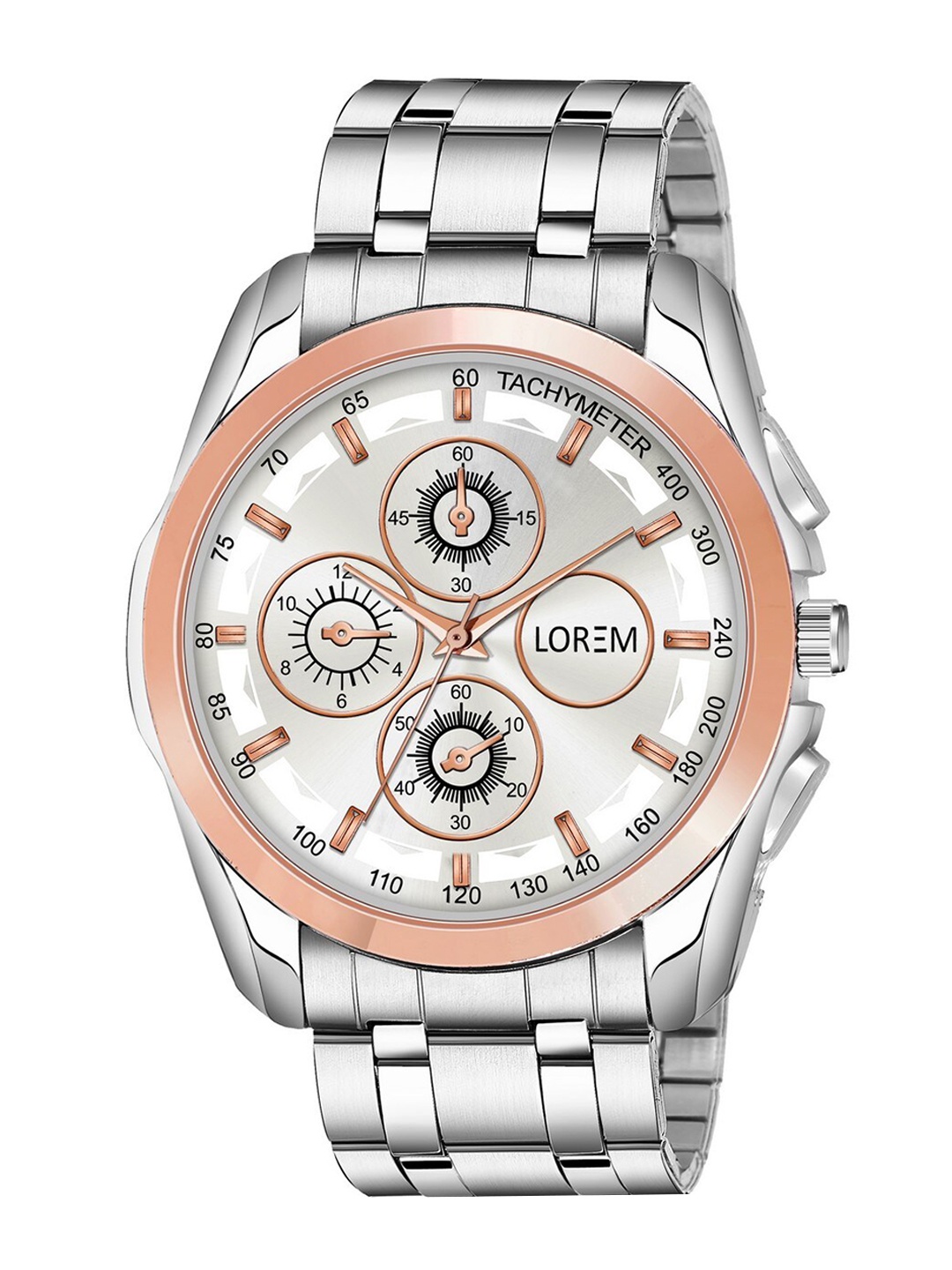 

LOREM Men Silver-Toned Embellished Dial & Silver Toned Bracelet Style Straps Analogue Watch
