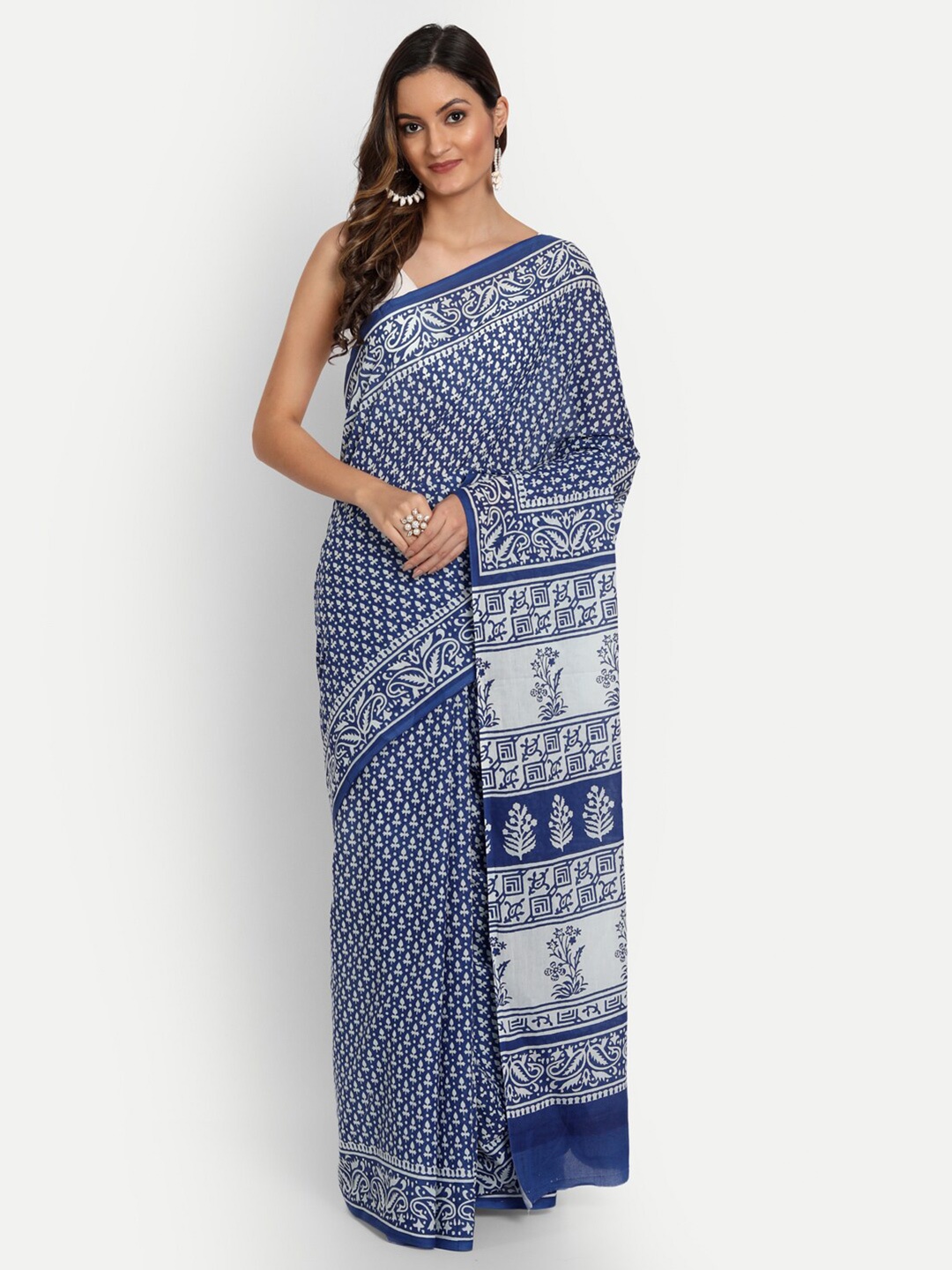 

BUTA BUTI Blue & White Floral Print Pure Cotton Saree