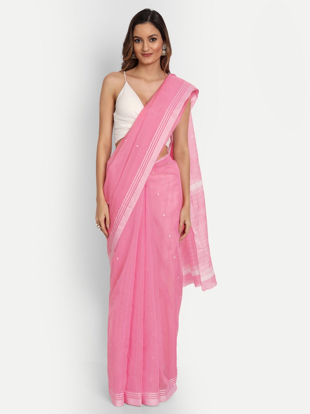 

BUTA BUTI Pink & White Woven Design Silk Blend Chanderi Saree