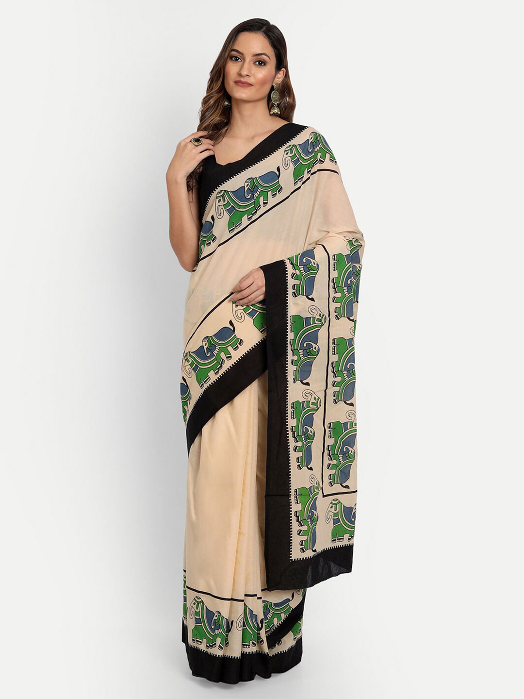

BUTA BUTI Beige & Green Ethnic Motifs Pure Cotton Saree