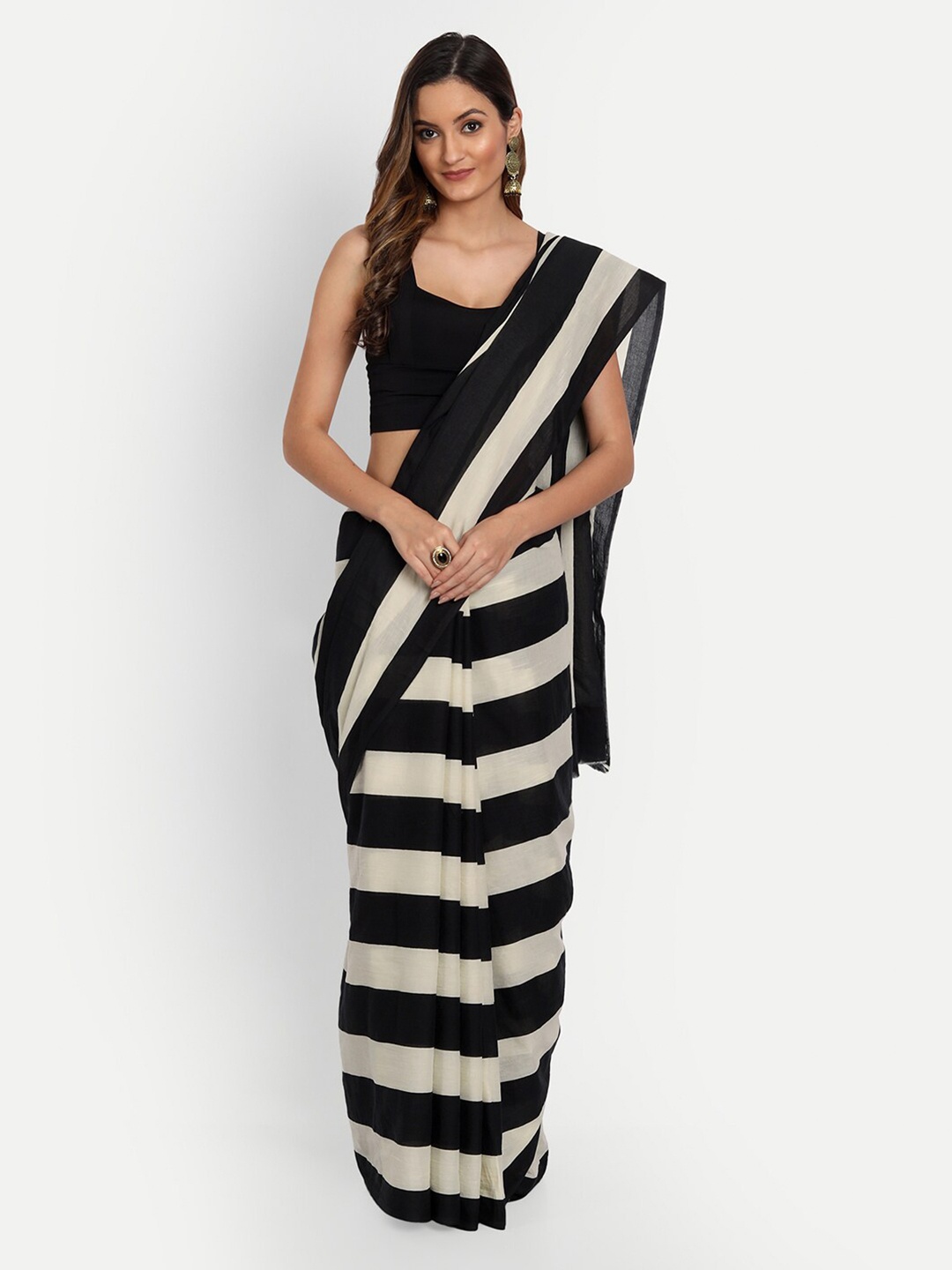 

BUTA BUTI Black & Off White Striped Pure Cotton Saree