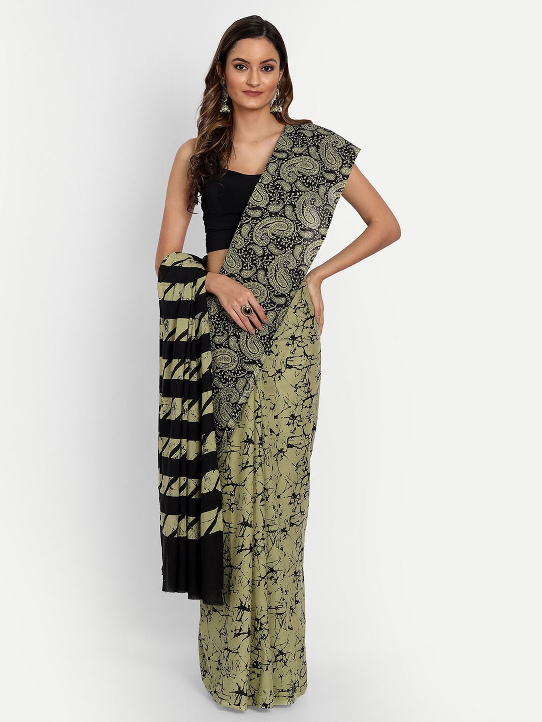 

BUTA BUTI Taupe & Black Paisley Pure Cotton Saree