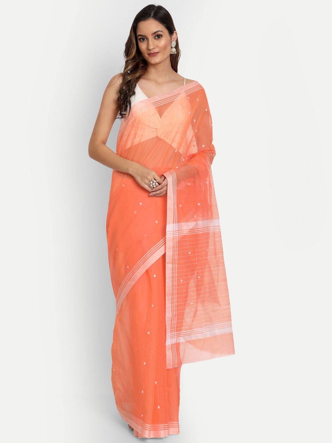 

BUTA BUTI Peach-Coloured & White Woven Design Zari Silk Blend Chanderi Saree