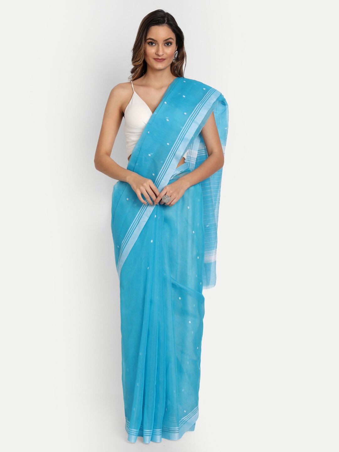 

BUTA BUTI Blue & Silver-Toned Floral Zari Chanderi Saree