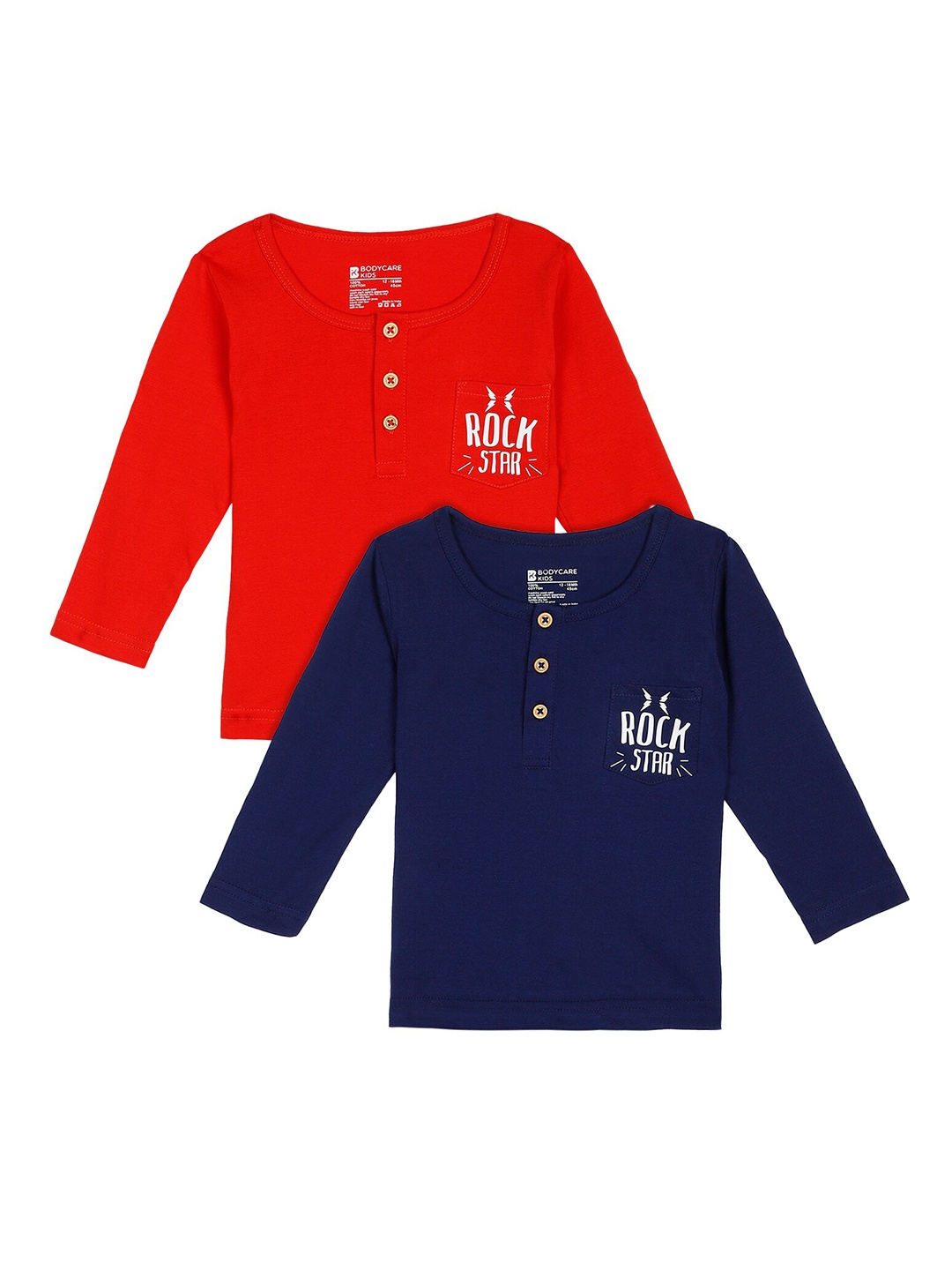 

Bodycare Kids Boys Set Of 2 Red and Navy Henley Neck Applique T-shirt
