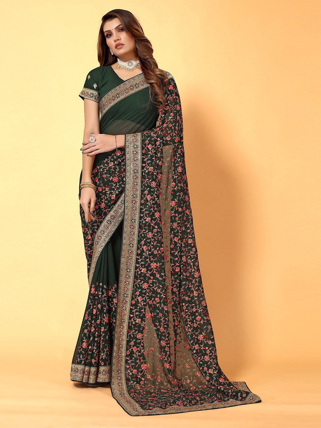 

Mitera Green & Pink Floral Embroidered Saree