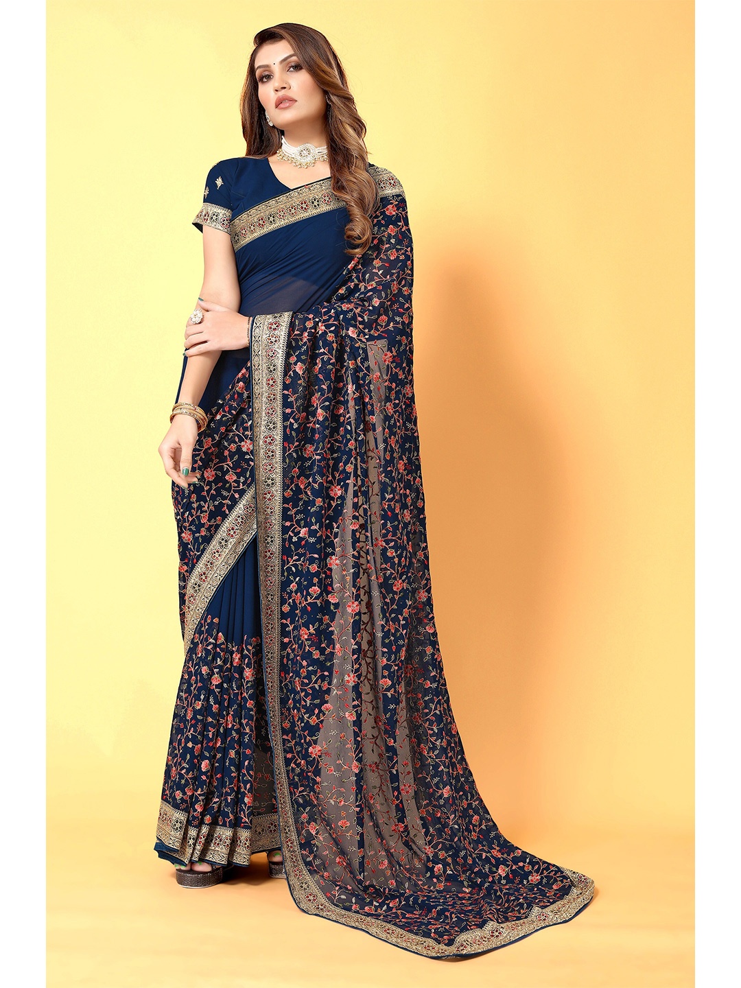 

Mitera Navy Blue & Pink Floral Embroidered Saree