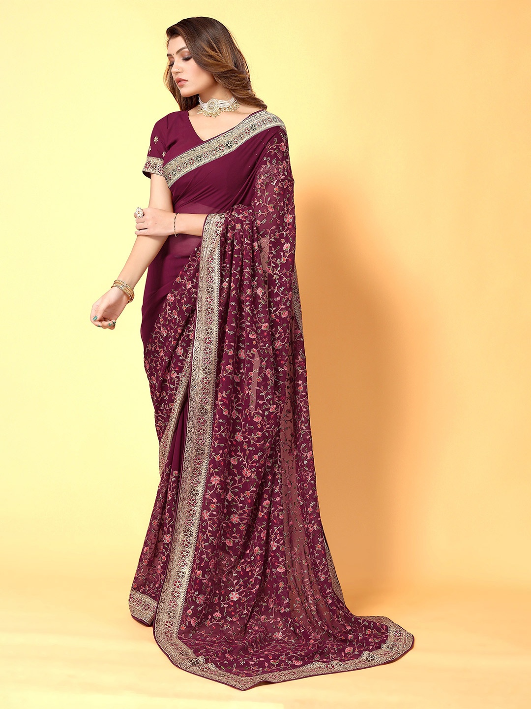 

Mitera Maroon & Pink Floral Embroidered Saree
