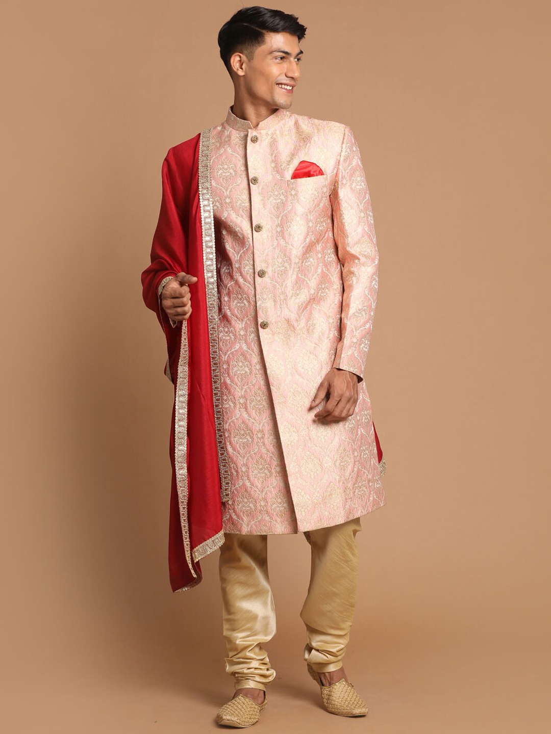 

VASTRAMAY Men Pink Woven Design Brocade Sherwani