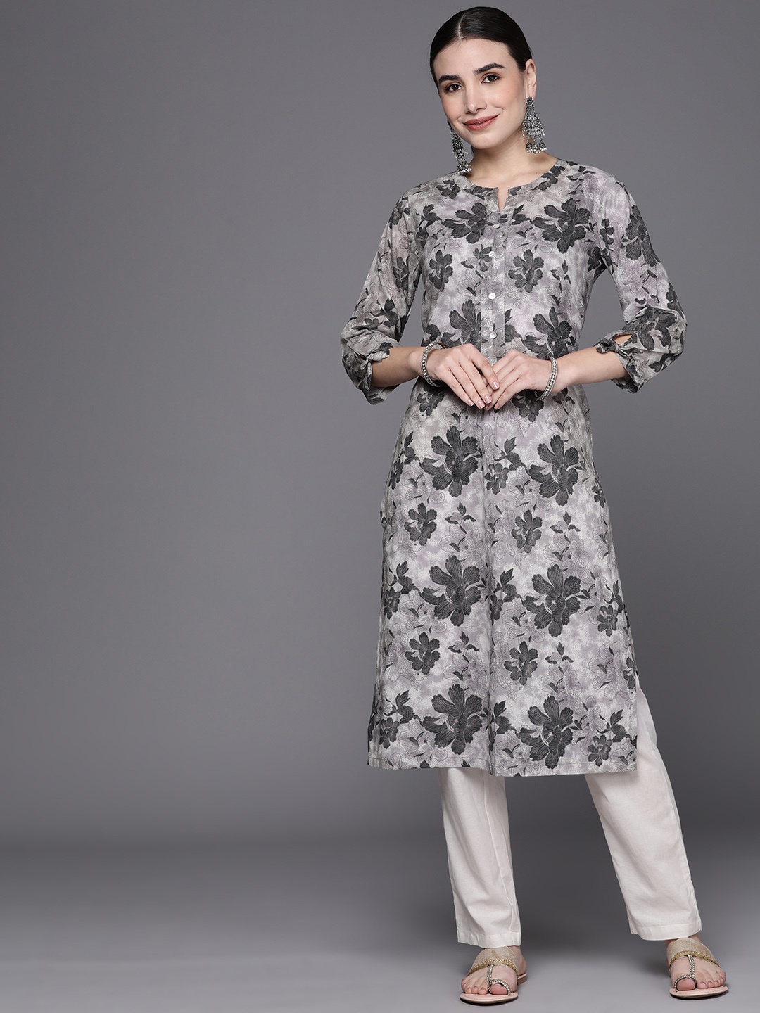 

Biba Women Grey Pure Cotton Floral Print Kurta with Trousers