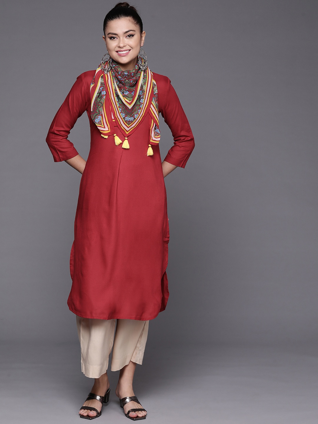 

Biba Women Red Kurta with Palazzos & With Dupatta