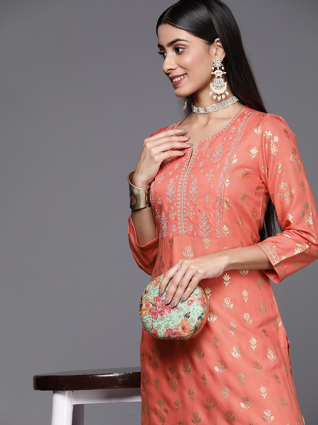 

Biba Women Ethnic Motifs Print Thread Work Kurta with Palazzos, Peach