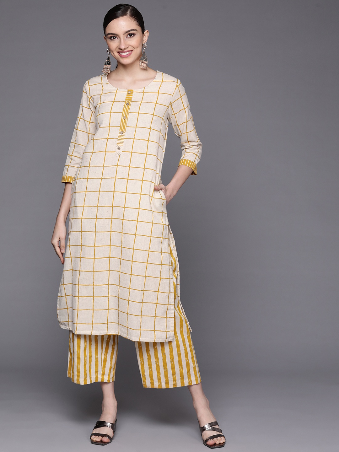 

Biba Women Checked Kurta with Striped Palazzos, Off white